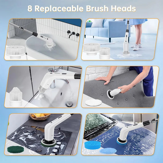 Electric Spin Scrubber Cordless Shower Cleaner with 8 Replaceable Brush Heads,3-Length Extendable Handle,Dual Speed,IPX7 Waterproof LED Display Cleaning Tool for Bathroom,Kitchen,Tub,Tile,Car & More,Cleaning Set,DealsForYouDays