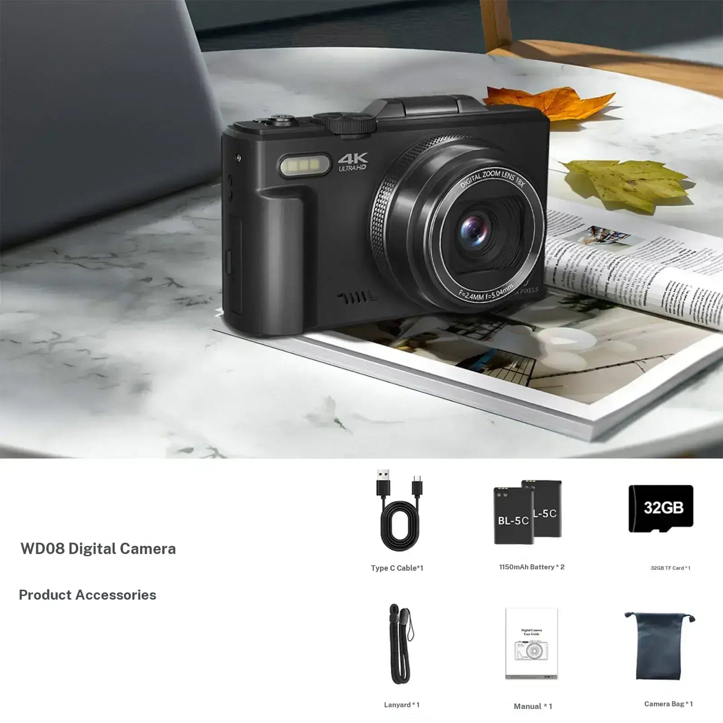 4K Digital Camera for Photography with 64MP, 3 Inch 180° Flip Screen, 18X Digital Zoom, 32GB Micro SD Card, 2 Batteries, Ideal for Gift,father'sdaygifts