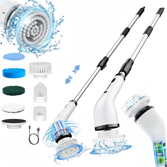 Electric Spin Scrubber Cordless Shower Cleaner with 8 Replaceable Brush Heads,3-Length Extendable Handle,Dual Speed,IPX7 Waterproof LED Display Cleaning Tool for Bathroom,Kitchen,Tub,Tile,Car & More,Cleaning Set,DealsForYouDays